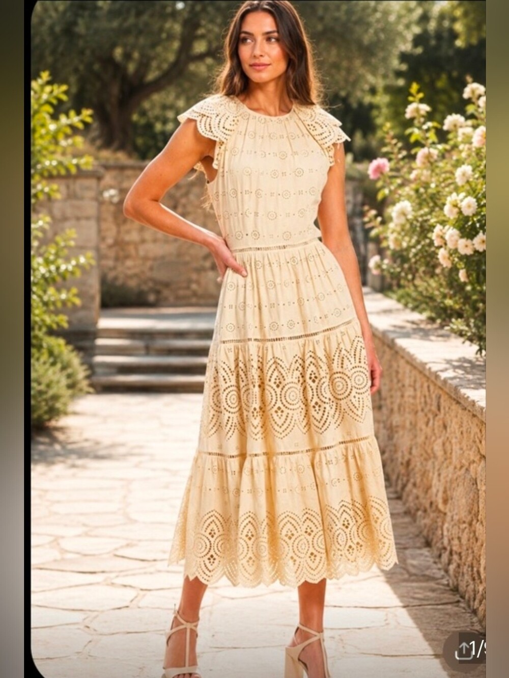 ANTONIO MELANI Cream Eyelet Lace-Trim Midi Dress Size 10